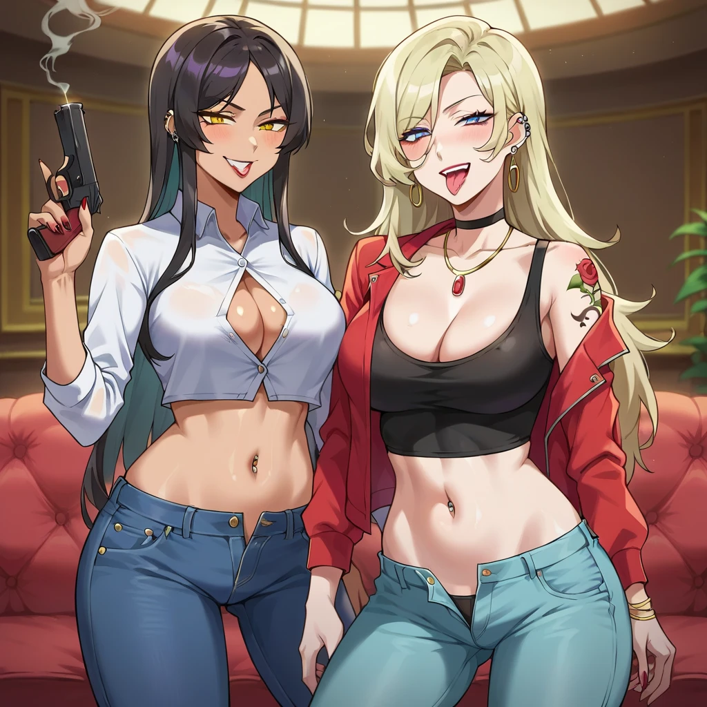 two girls, 2girl, evil smile, smug, smirk, anime coloring, unusually open eyes, ear piercing, long hair, blush, lipstick,Hot girl, baddie, smoking, sensual, attractive ,,bar background, inside bar,indoors, masterpiece,high quality,4k, bare
shoulder,belly,crop top,holding pistol,cleavage, unbuttoned shirt,shirt, knot, indoor,smile, open
mouth, (nsfw) not safe for work, evil expression, exposed belly, exposed navel, exposed midriff,
exposed lower belly, crop top overhang, underboob,jacket, unbuttoned jeans , low rise black jeans,
Low rise jeans, Low rise jeans with open fly, tattoo belly, tattoo on body, tattoo midriff, rose tattoo, navel piercing , shiny skin, , tongue out, 