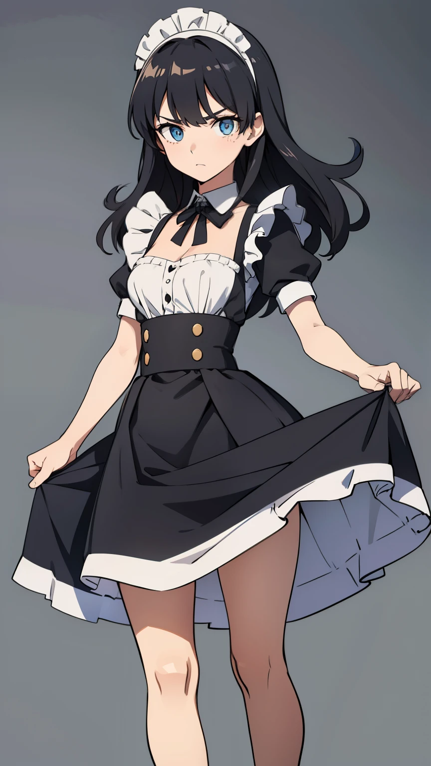 ( high quality , breathtaking),( expressive eyes,  perfect face) full height, 1 girl, female, One, adult, Age 20,  Black hair , blue eye color, long hair length,  looking at the viewer , whole body,  dissatisfied facial expression , maid outfit, height 4 "3, short stature, black skirt,  light tanned skin ,  small breast , curly hair
