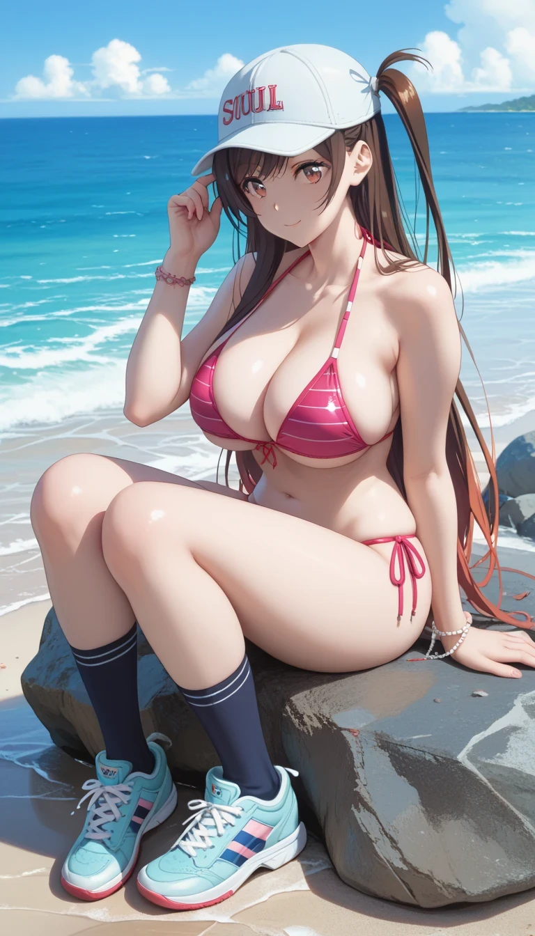 Tall girl, fit girl, chizuru ichinose, side tie up, masterpiece, best quality, highres, chi1, 1girl, long hair, solo, bracelet, bangs, huge breasts, 1girl, solo, swimsuit, bikini, black_hair, rock, sneakers, sitting, ocean, shoes, socks, beach, water, long_hair, outdoors, kneehighs, baseball_cap, hat, navel, side-tie_bikini_bottom, day