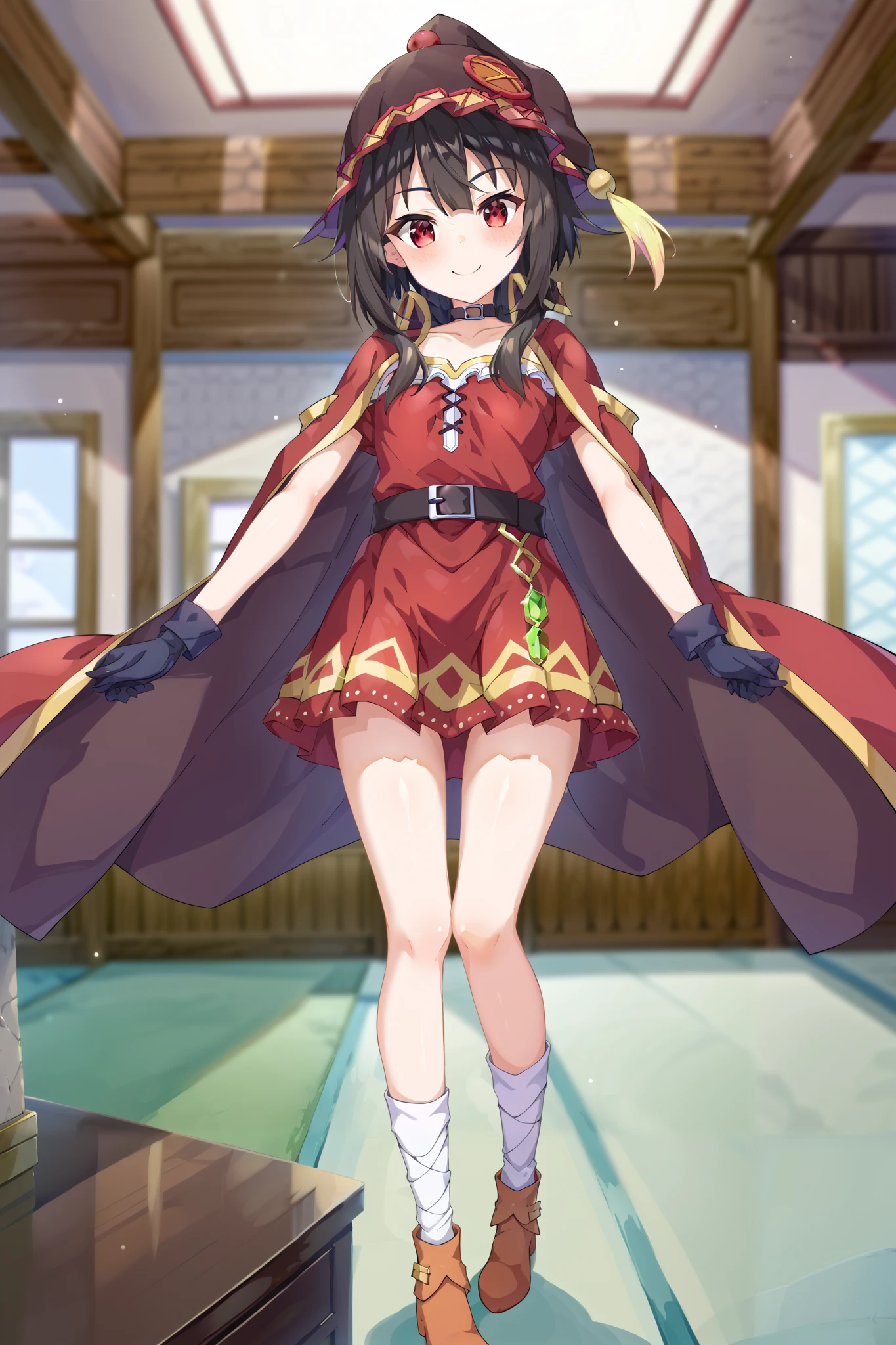 NSFW,masterpiece, best quality, high definition , Very detailed,Megumin\( bless this wonderful world\), short hair、 black hair、Red Eye、 side lock、 long rock, Knee Socks 、gloves、hat、 Red Dress 、黒いgloves、belt、黒い Knee Socks 、指なしgloves、Cape、first round、魔女のhat、bandage、 Red Dress 、片方の Knee Socks 、 asymmetrical legwear、bandageを巻いた脚, Adventurers Guild, reception counter,Bad Smile, standing