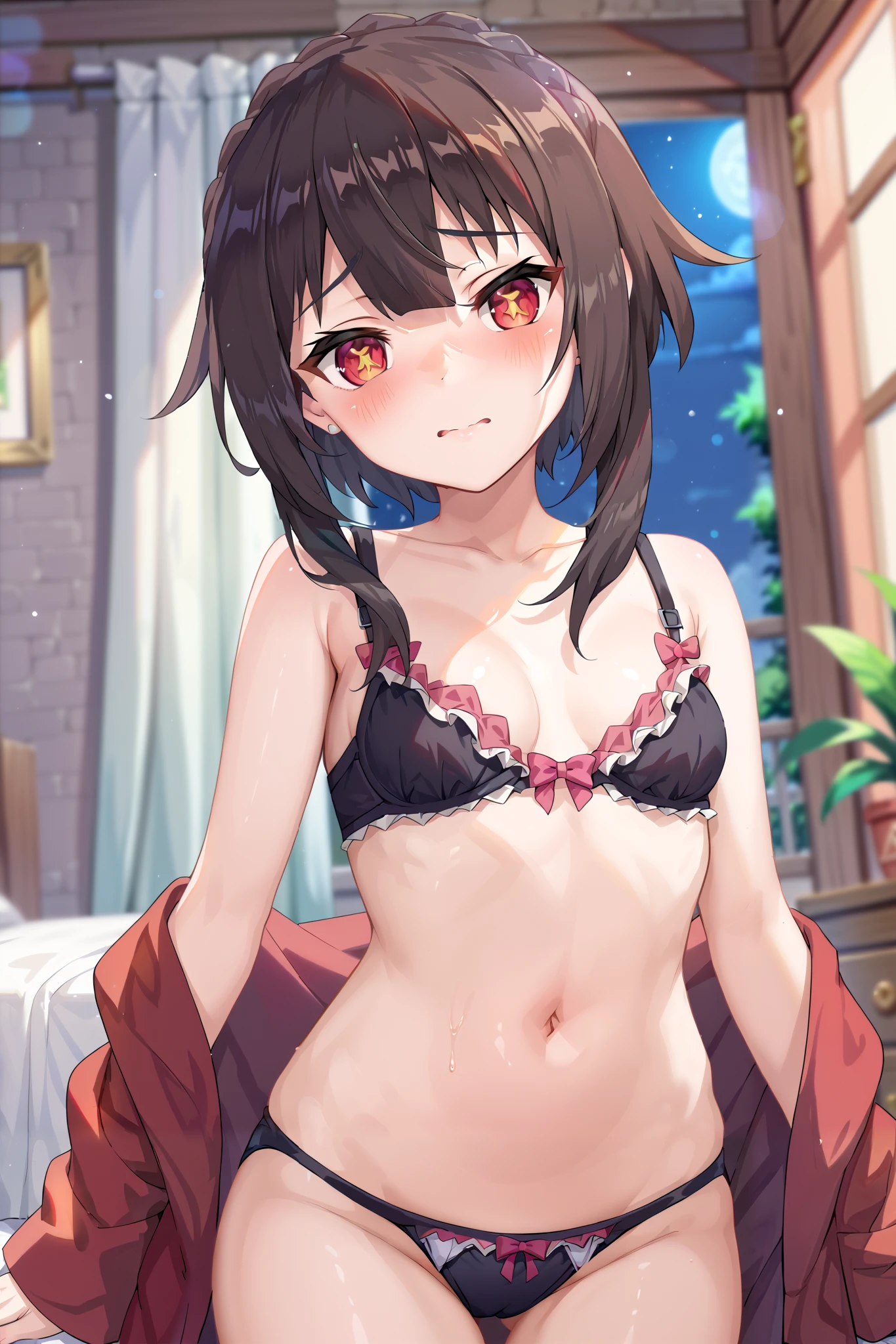 NSFW,masterpiece, best quality, high definition , Very detailed,Megumin\( bless this wonderful world\), short hair、 black hair、Red Eye、 side lock、 long rock,Night Inn , bedroom,Embarrassed,blush,Small breasts, black bra, black panties 