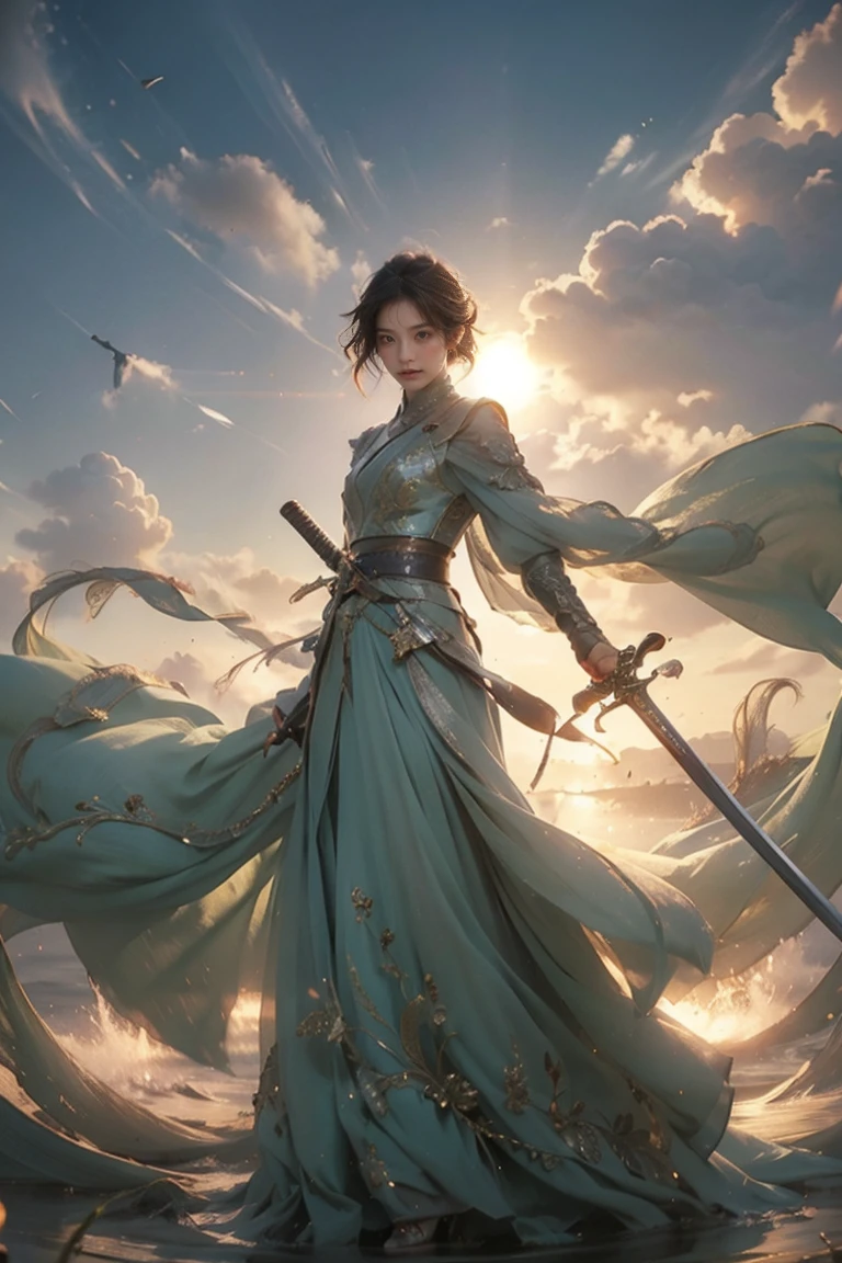   Masterpiece ， super high quality，Artwork， perfect composition of drapes ， 1 girl， waving a sword under the sun ，Beautiful girl， short hair details ， multiple long swords are floating，Wanjiang Gizong ，resolute，