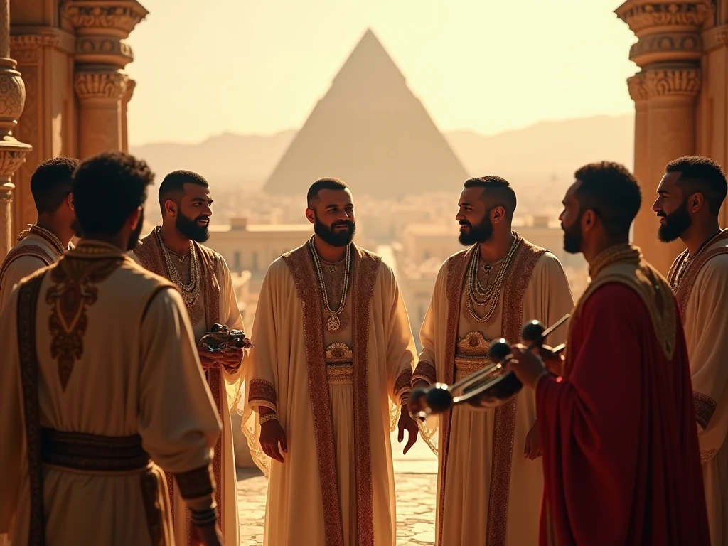 Group at the Pyramids of Giza: A group of wealthy travelers pose in front of the Pyramids of Giza, dressed in luxurious desert attire. They have a vintage Rolls-Royce nearby, with one person holding a stack of dollar bills, showcasing their extraordinary journey.