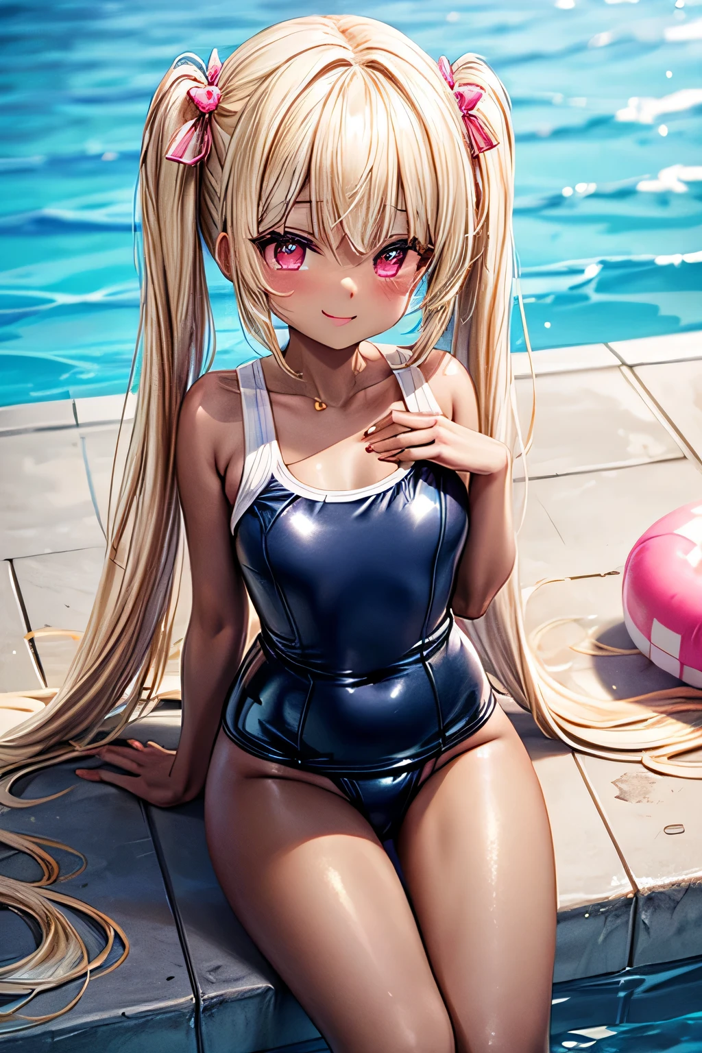 dark skin,((gold hair)), pink eyes,twin tails,(((latex blue school swimsuit))), poolside,sit down, blush smile, heart hair ornaments,big chest, opening chest, gold embroidery 