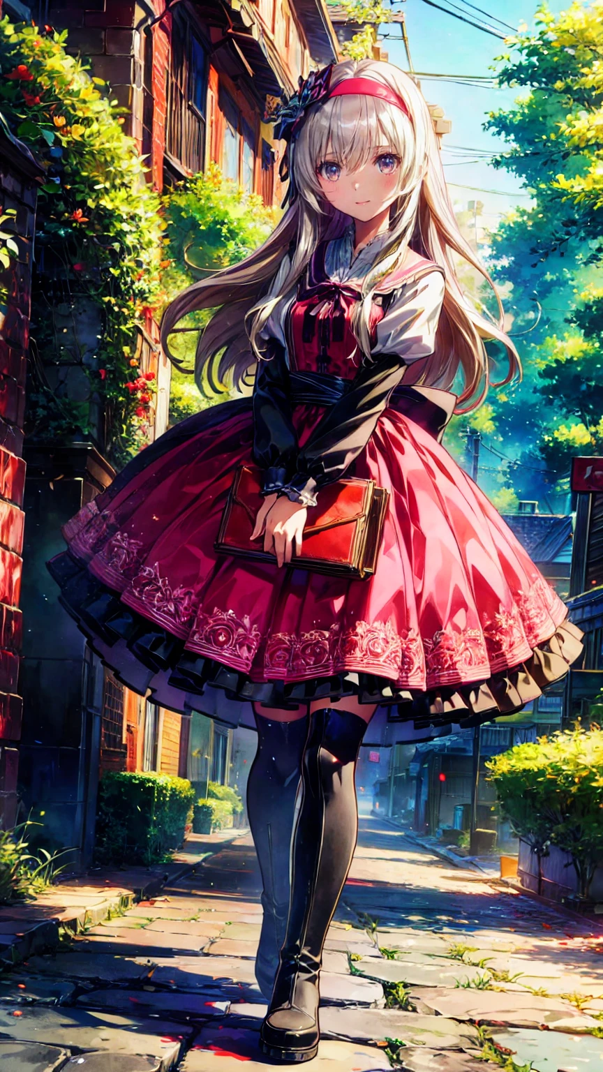  anime style、story、、 cute女の子 、とてもcute天使、  pink gothic dress  、cute、、smile、  Long Skirt 、  black boots 、Very cute headband
