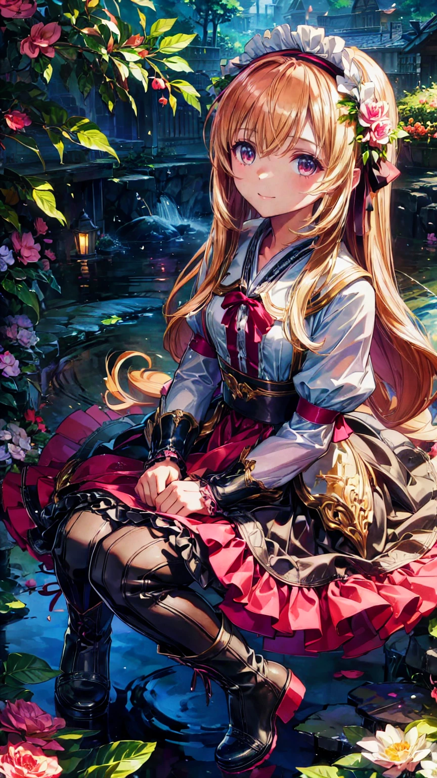  anime style、story、、 cute女の子 、とてもcute天使、  pink gothic dress  、cute、、smile、  Long Skirt 、  black boots 、Very cute headband
