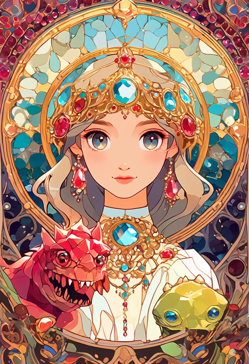  best quality,  best quality, kaleidoscope, rzminjourney,  Vector Art ,  High quality illustration by Alphonse Mucha,   Masterpiece (A girl meets a cute monster with rubies buried in her forehead:1.4), ( feathered monsters that are cute like ren)、Beautiful girl、 logo , round, Colorful gemstones,