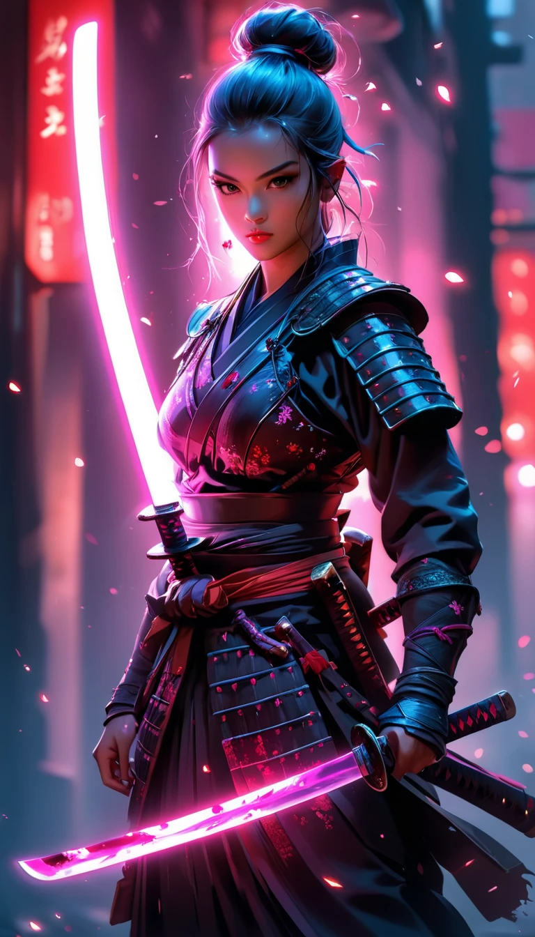 Samurai, 25yo woman, hyperrealism, very detailed skin, 4k,,, AshleyWoodArtAI,, katana profile picture, Organic Painting, night time, Matte Painting, bold shapes, hard edges, street art, trending on artstation, by Huang Guangjian and Gil Elvgren and Sachin Teng, Glow, katana