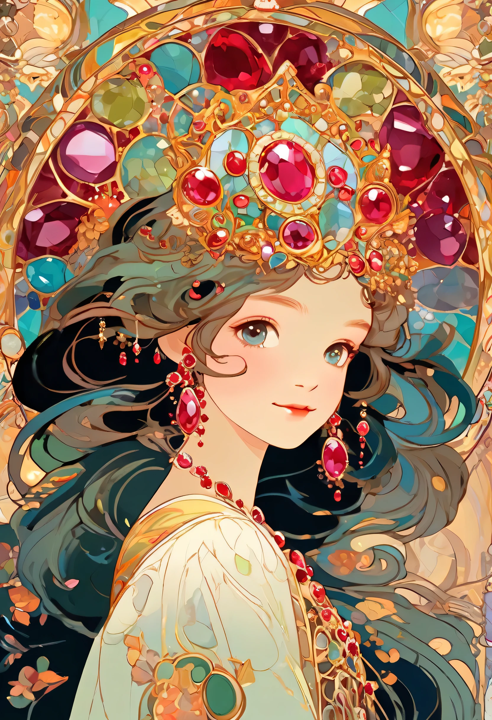  best quality,  best quality, kaleidoscope, rzminjourney,  Vector Art ,  High quality illustration by Alphonse Mucha,   Masterpiece (A girl meets a cute monster with rubies buried in her forehead:1.4), ( feathered monsters that are cute like ren)、Beautiful girl、 logo , round, Colorful gemstones,