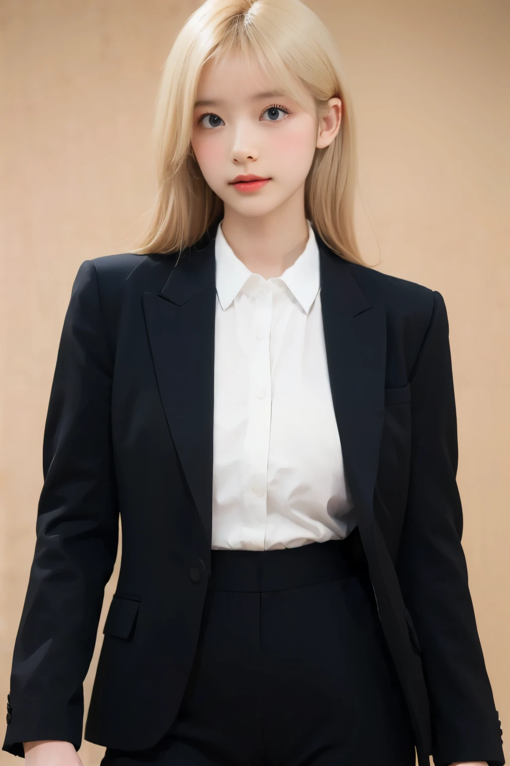 1girl,solo,blonde hair,bangs,collared shirt, blazer,pant suit, cowboy shot,simple background, 
