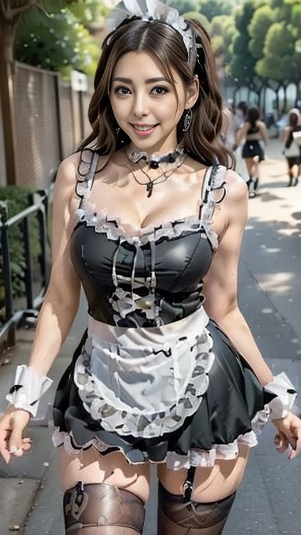   cowboy shooting alone  ,Full Lace Maid Cosplay ，  from below ,    mature Japanese woman , (58 years old),    detailed face   , smile,    white skin, (  Curvy Body,    has thick thighs), ( source,   mini skirt with snaps around the knee,    another woman wearing a black loincloth costume that opens wide from face to mouth  ,   Necklaces   :1.2), (     black high heels standing on a street corner   :1.2), (   Take a full body photo from head to toe,    standing in the park:1.2), (   Surrealism ,   best quality,    super detailed ,  Full resolution  , 8k,  anatomically accurate),   depth of writing,   watch viewers , character portrait, (JMA, TI)