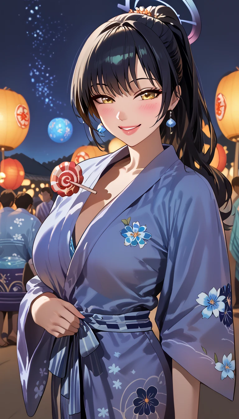 Masterpiece, best quality, (night at summer festival), long black hair, ponytail, halo, bangs, yellow eyes, (detailed eyes), earrings, (( wearing blue yukata with flower pattern )), blushing, smiling, looking at viewer, beauty face, (beautiful night with foreworks), apple candy on her hands, wholesome, warm lighting, 