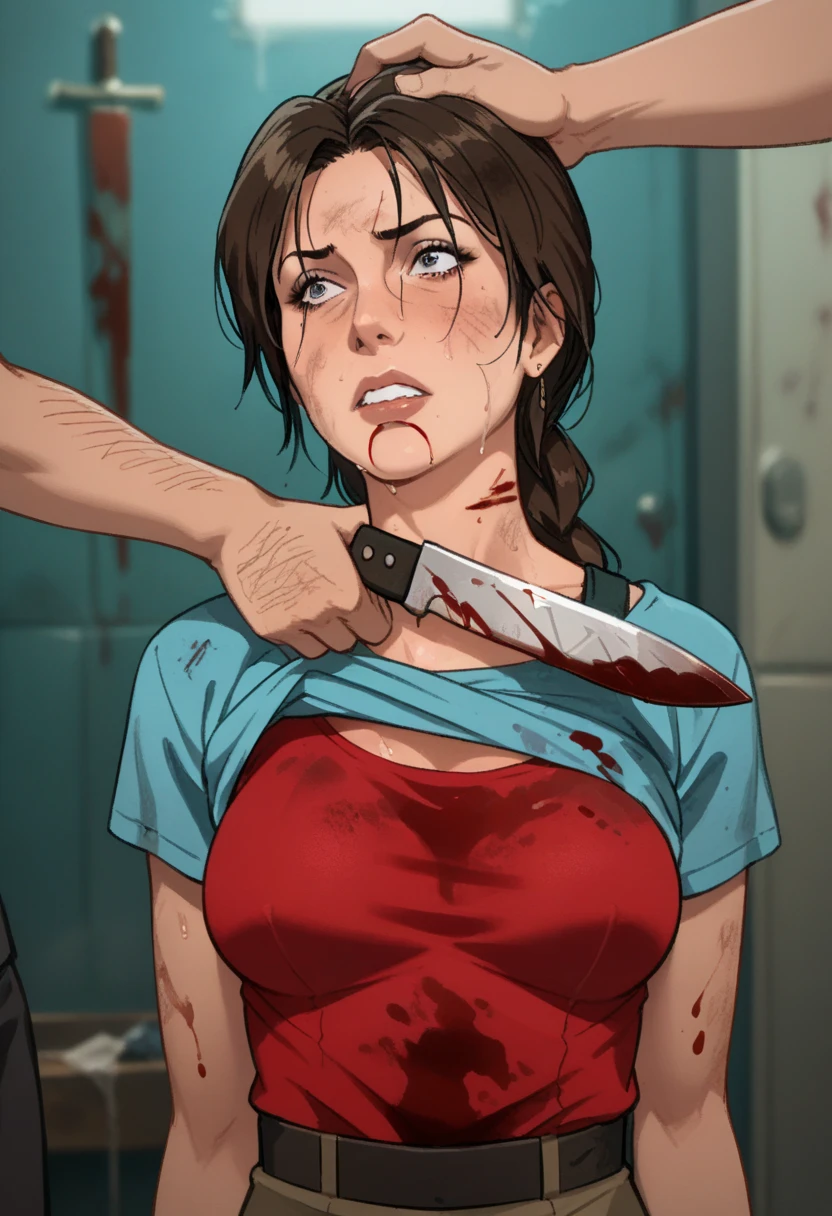 Lara Croft, mature, (forced to lift her shirt), medium saggy breasts, in dirty garage, sweaty skin, lifted top, tilted view, man violently lifting her shirt, agressive ugly old man, ((she is threatening with a knife)), fear, headpat, (((mauled))), (((man cutting her throat:1.2))), (((blade against her neck))), blood, gore