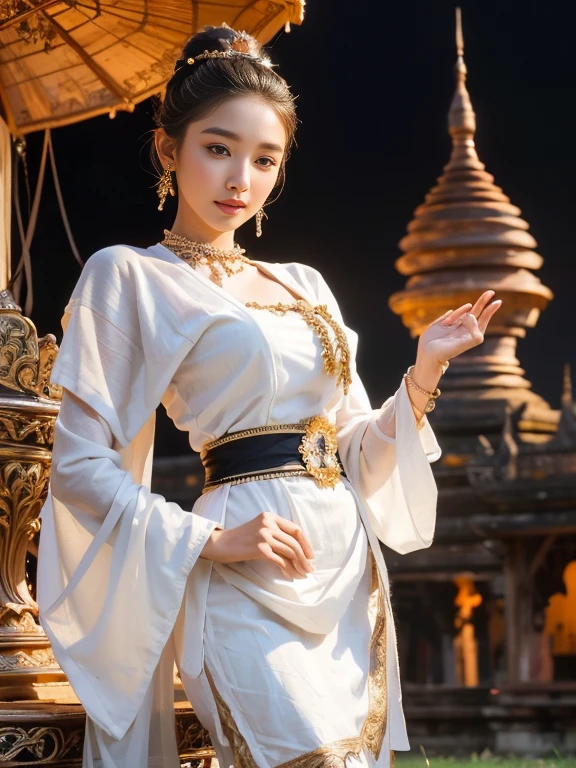 a solo beautiful princess, elegant, detailed, pretty, (rubenesque), (Bagan Pagoda background), (night sky), Full Moon, Myanmar traditional elegant detailed dress, Hair in a bun, (art by dgtlv2 and henry asencio and zeen chin and josephine wall and edwin deakin), (masterpiece), (good anatomy),