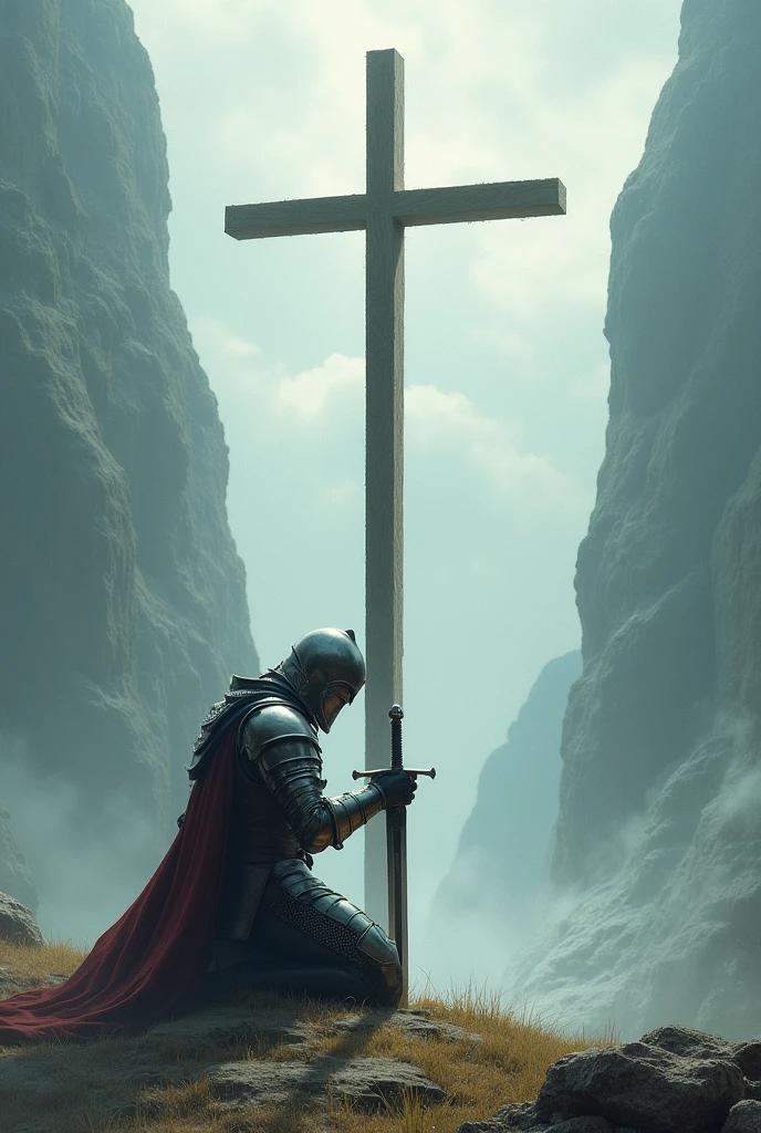 A knight kneeling before a empty cross, holding on his sword in the ground, head bowed down, epic image