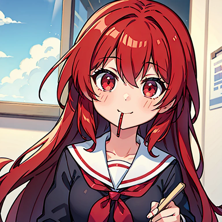 1girl red hair long hair red eyes school uniform toast in her mouth