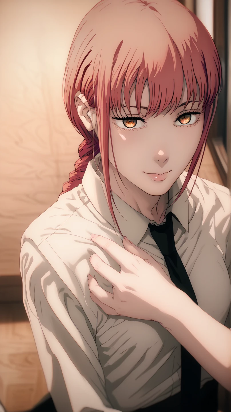 1girl, Solo, HD, Red Hair, Single Braid, Seductive Smile, BlushFrom Above, makima from chainsawman