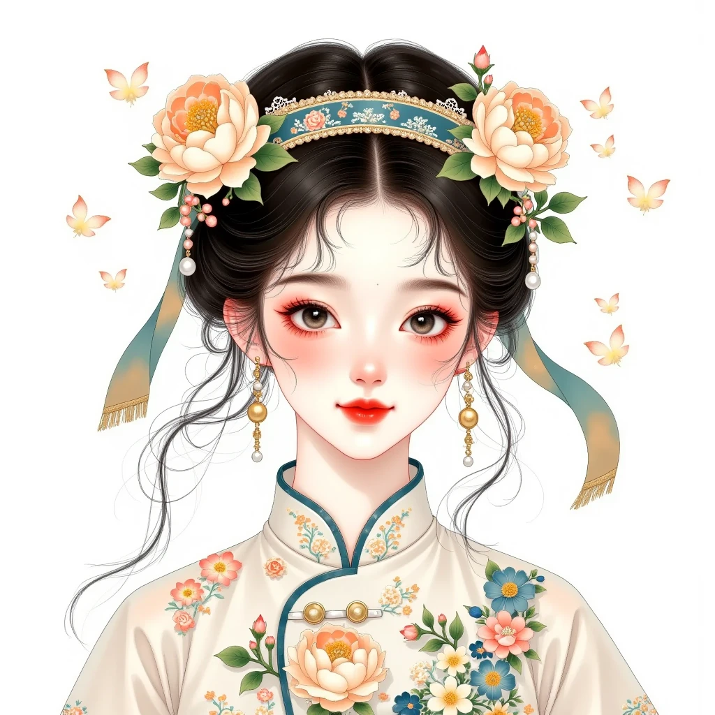 watercolor，  Chinese style girl  ，  bangs，Smile。 exquisite hairline ，Lace headband，flowing headband，  high neck cheongsam+Pearl button  。 Thick paper pattern 