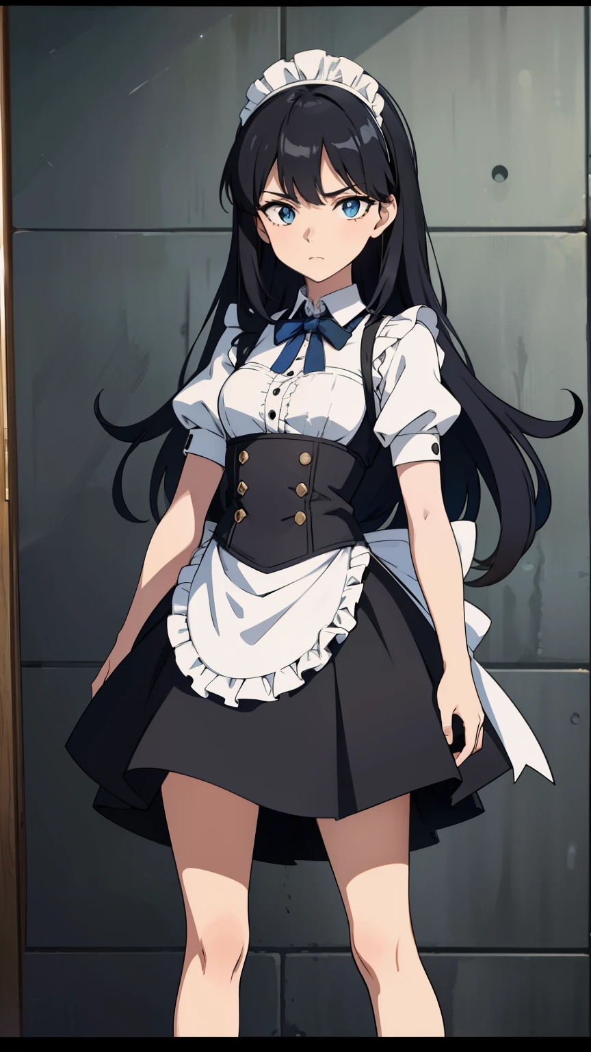 ( high quality , breathtaking),( expressive eyes,  perfect face) full height, 1 girl, female, One, adult, Age 20,  Black hair , blue eye color, long hair length,  looking at the viewer , whole body,  dissatisfied facial expression , maid outfit, height 4 "3, short stature, black skirt,  light tanned skin ,  small breast , curly hair
