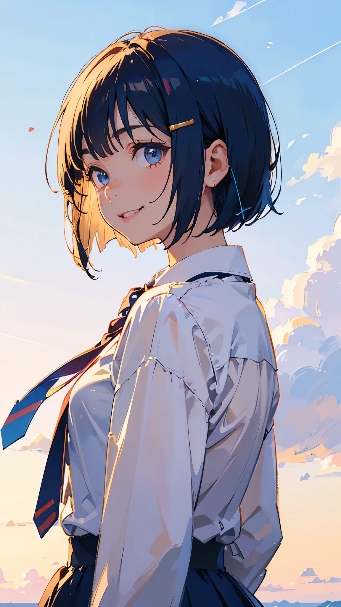  upper body close-up 、 best quality、cute、One personの女の子、One person、Dark blue hair、 bob cut、 tie your hair with hair clips、smile、From the side、Golden Hour Sky