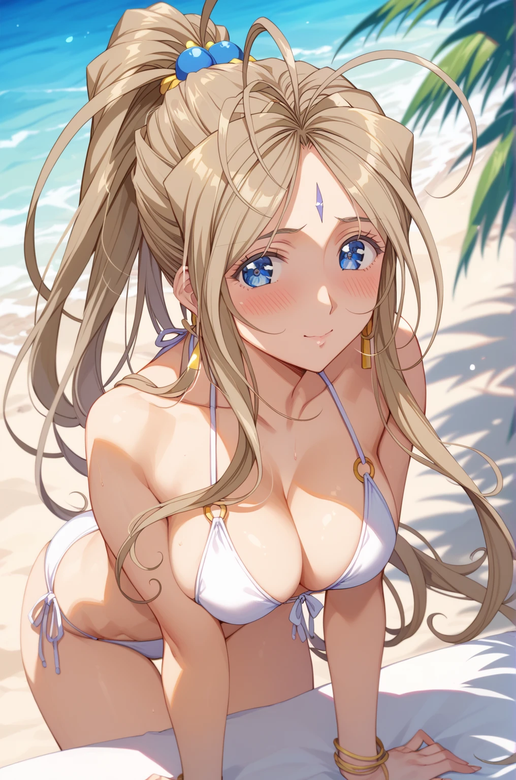 (1 girl), (((Velzard de tensei shitara slime datta ken))), She has fair skin, eyes the color of blue diamonds and long, shiny hair, Pearl White, reaching down to her waist, (((She wears a blue pendant in the shape of a star and a golden headband))), (wears a very short black bikini), large breasts, thin arms, (muscular belly), (((muscular legs))),(standing), thin waist, bare feet and very detailed, beautiful feet and well-shaped toes, (((beach night scene with starry sky and blood moon in the sky))), (hair tied in double ponytails), empty eyes, eyes empty, empty eyes, eye reflection, glowing eyes, bad mood, anime, anime style, ray tracing, cinematic lighting, panorama, Sony FE, UHD, masterpiece, anatomically correct, super detail, high quality, best quality, high resolution, 16k