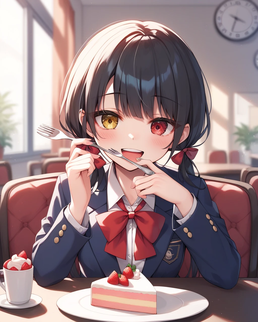 masterpiece, best qualityï¼
 tokisaki_kurumi, 1girl, solo, black_hair, food, red_eyes, incoming_food, hair_over_one_eye, fork, feeding, open_mouth, smile, school_uniform, cake, looking_at_viewer, twintails, ribbon, long_hair, holding_fork, pov_across_table, heterochromia, blazer, jacket, blush, shirt, blurry, indoors, holding, red_ribbon, neck_ribbon, black_jacket, cup, yellow_eyes, white_shirt, fruit, blurry_background, sitting, low_twintails, table, depth_of_field, clock_eyes, strawberry