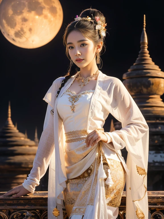 a solo beautiful princess, elegant, detailed, pretty, (rubenesque), (Bagan Pagoda background), (night sky), Full Moon, Myanmar traditional elegant detailed dress, Hair in a bun, (art by dgtlv2 and henry asencio and zeen chin and josephine wall and edwin deakin), (masterpiece), (good anatomy),