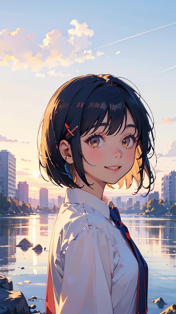  upper body close-up 、 best quality、cute、One personの女の子、One person、Dark blue hair、 bob cut、 tie your hair with hair clips、Beautiful brown eyes、smile、From the side、Golden Hour Sky