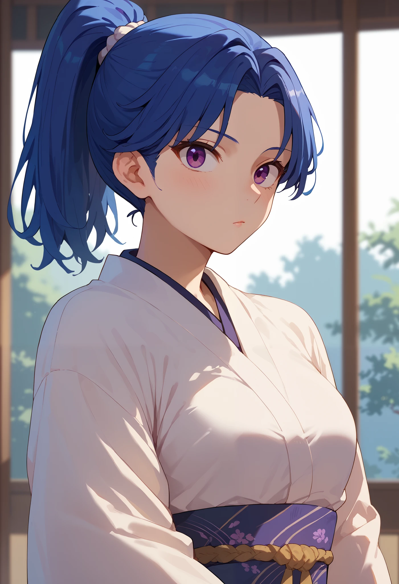 purple eyes, white skin, blue hair, ponytail, Japanese student outfit