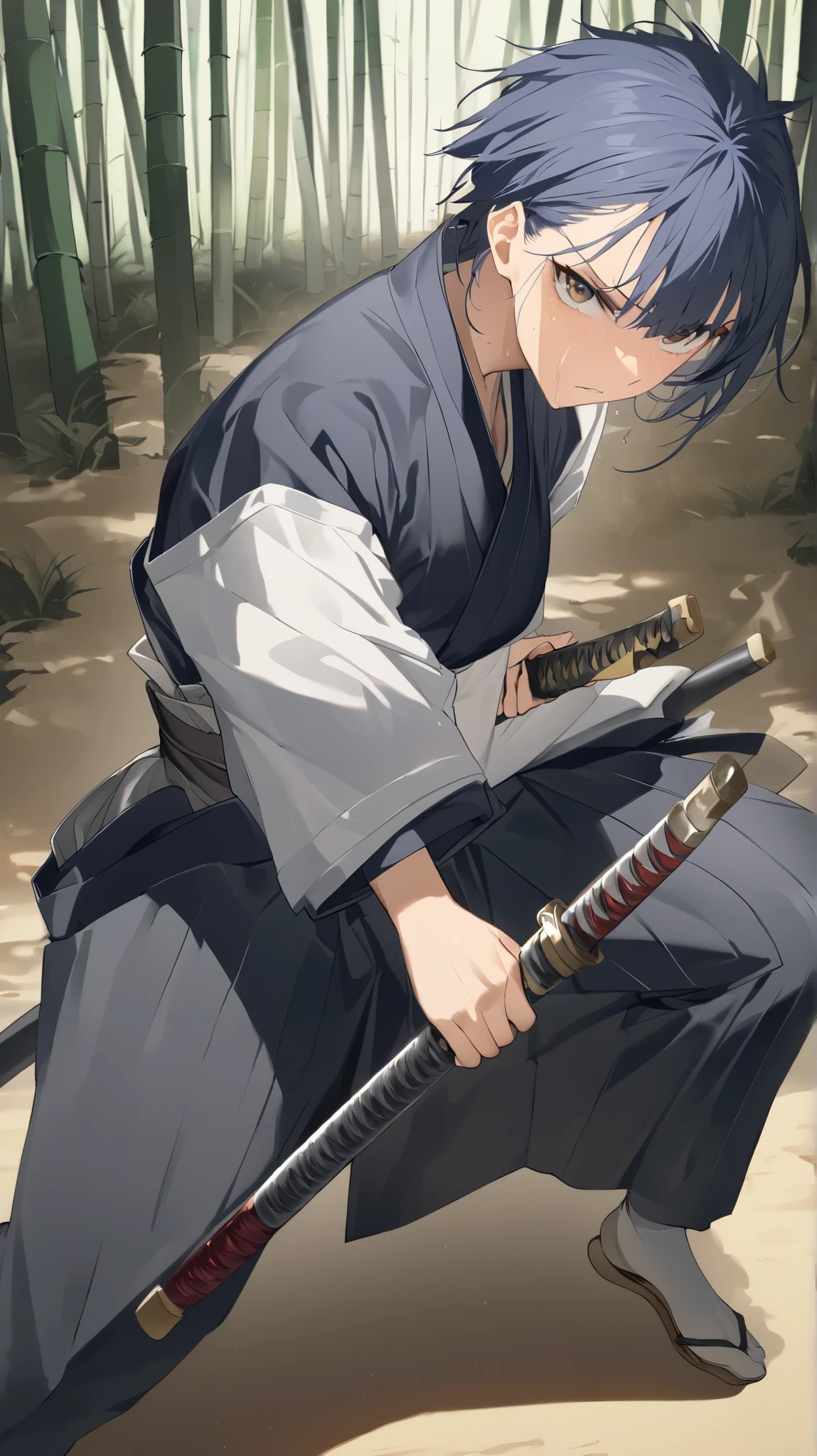 picture of a female samurai with a sword removed from the scabbard , 8k Ultra HD , soft lighting, High Quality , film grain , Fujifilm XT3、最 High Quality , masterpiece, high definition , Samurai Girl, I have a Japanese knife, beautiful posture,Moonlit Night,bamboo forest,chest, 1 girl, high definition , shortcuts,Tall、Handsome beauty 、samurai、 Japanese Knife 、 adult woman、A beautiful woman in men's clothing、Alone, Woman in her early 20s、 is cool、Mature atmosphere、Spiked Hair、 turning your gaze , illustration, who is an adult woman by Tall in Ahoge 、Medium to medium height ,Japanese Sword 、There is murderous intent.,The number of fingers is accurate ,Japanese longsword, on all fours,Iaido, Iai Kari,Close up, Long Sleeve ,The length of the blade of the sword holding the hand ,No hands ,I don't draw hands,Black Scabbard,Moon mark on scabbard, wolf cut, Put one knee on the ground, textured skin , Spread Your Legs, I have sarashi wrapped inside the kimono,underwear( sarashi), profuse sweat,Clothes are wet with sweat,Clothes are see-through due to sweat, clavicle , white kimono, with multiple swords in their sleeves, long hair, black hair, Ahoge,High concentration ,Serious personality, golden eyes, Breathing through the mouth ,Contemptuous eyes, Contempt/Angry Gaze, Crazy Eyes, Battle Mode,Sarashi is wrapped around a kimono