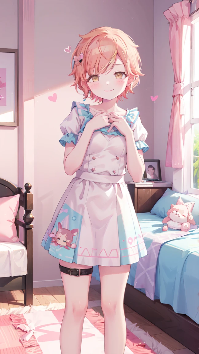 sunlight,  pastel colors ,  pastel colors , , blush, blush, thighs, pink room, happy:2.0, joyful, excited, pink room, pink wall, pink wallpaper, pillow, orange hair, yellow eyes, shy, kindergarten:2.0, aged down, nursery, pink room, bedroom, animal print:4.0, bed, sylveon:3.0, young girl:3.0, pink, Alone, bangs, blush, thick lips, heart:10.0, small breasts:50.0,  chubby:500.0, fat:160.0, ( pink kawaii room )),,((pink gothic room)),(((aroused, seductive smile, blunt bangs:100.0,  with bangs:100.0, standing, arm under breasts, The march, heart item, small window))), smiling:50.0, chubby, very short hair, miniskirt:20.0, platform shoes, very short skirt, thigh strap 