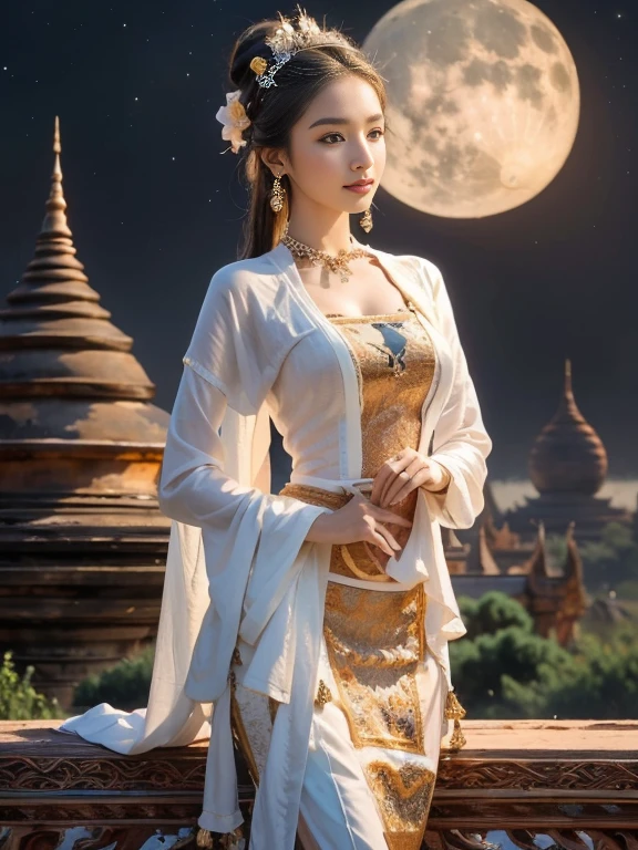 a solo beautiful princess, elegant, detailed, pretty, (rubenesque), (Bagan Pagoda background), (night sky), Full Moon, Myanmar traditional elegant detailed dress, Hair in a bun, (art by dgtlv2 and henry asencio and zeen chin and josephine wall and edwin deakin), (masterpiece), (good anatomy),