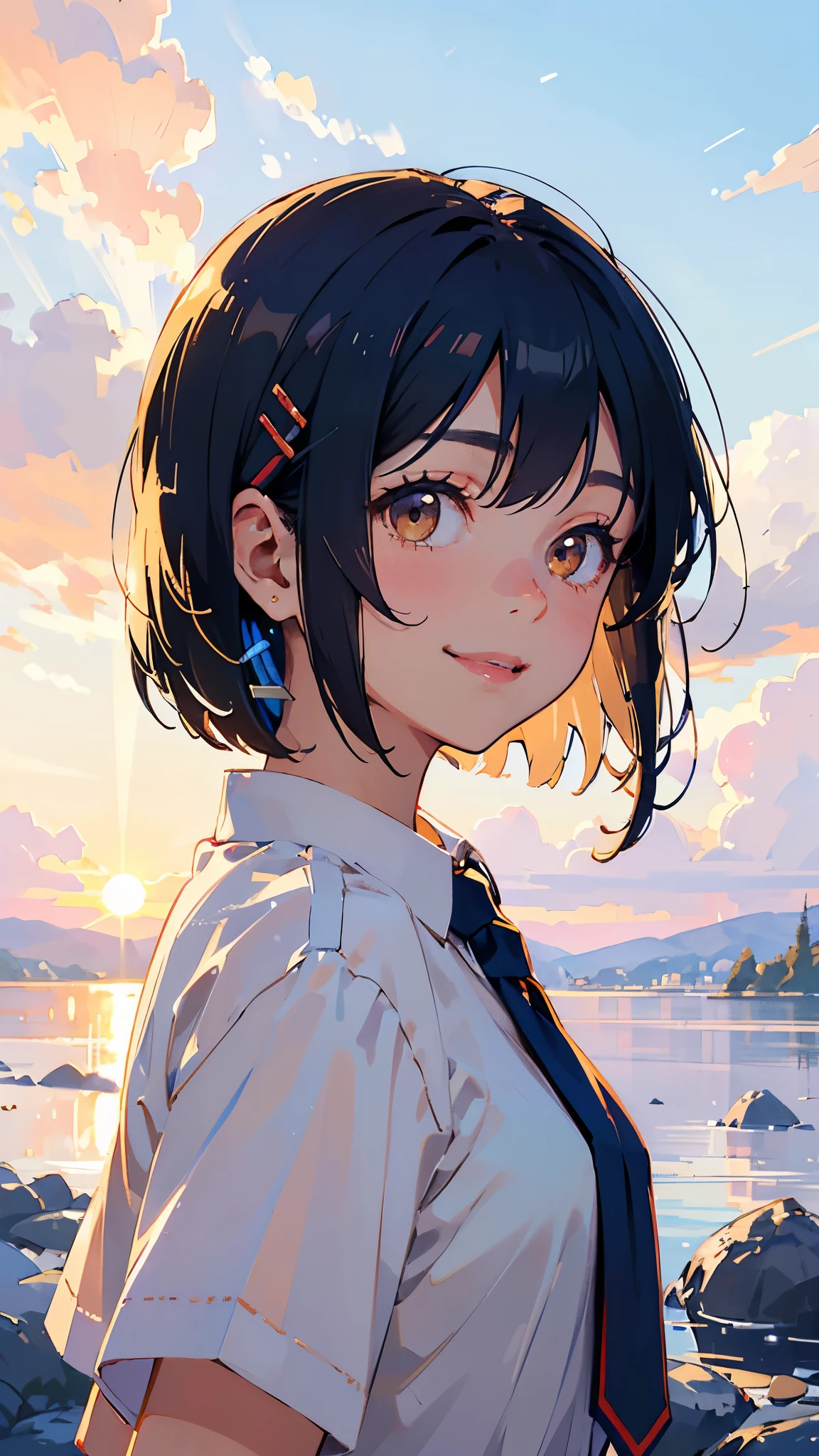  upper body close-up 、 best quality、cute、One personの女の子、One person、Dark blue hair、 bob cut、 tie your hair with hair clips、Beautiful brown eyes、smile、From the side、Golden Hour Sky