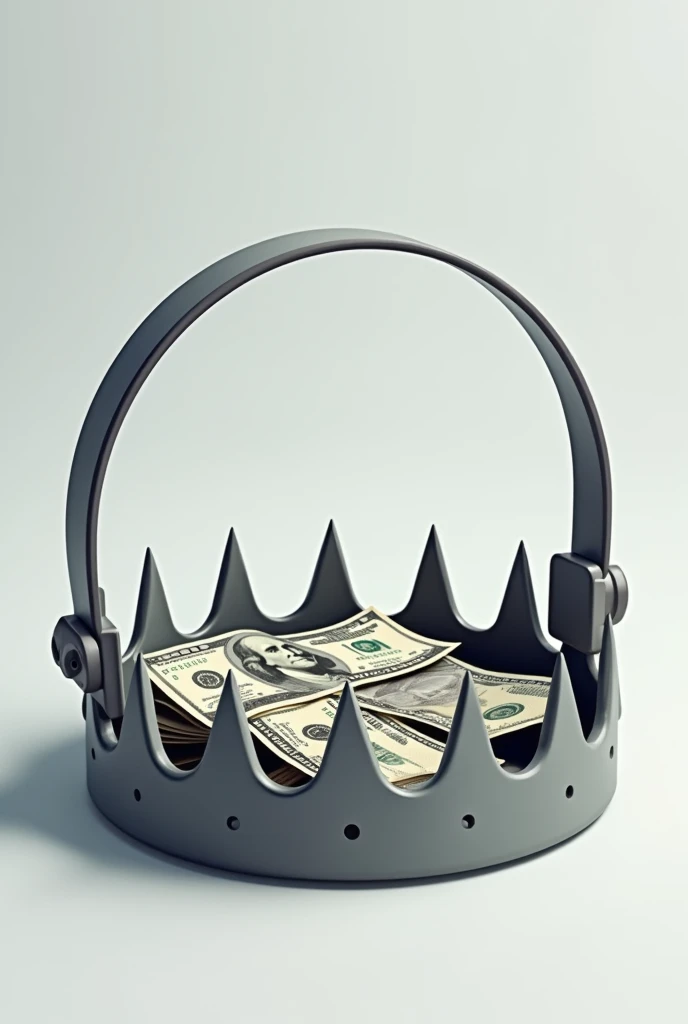 vector, round open trap with metal teeth on a light gray background, inside it is money , vector, 4K