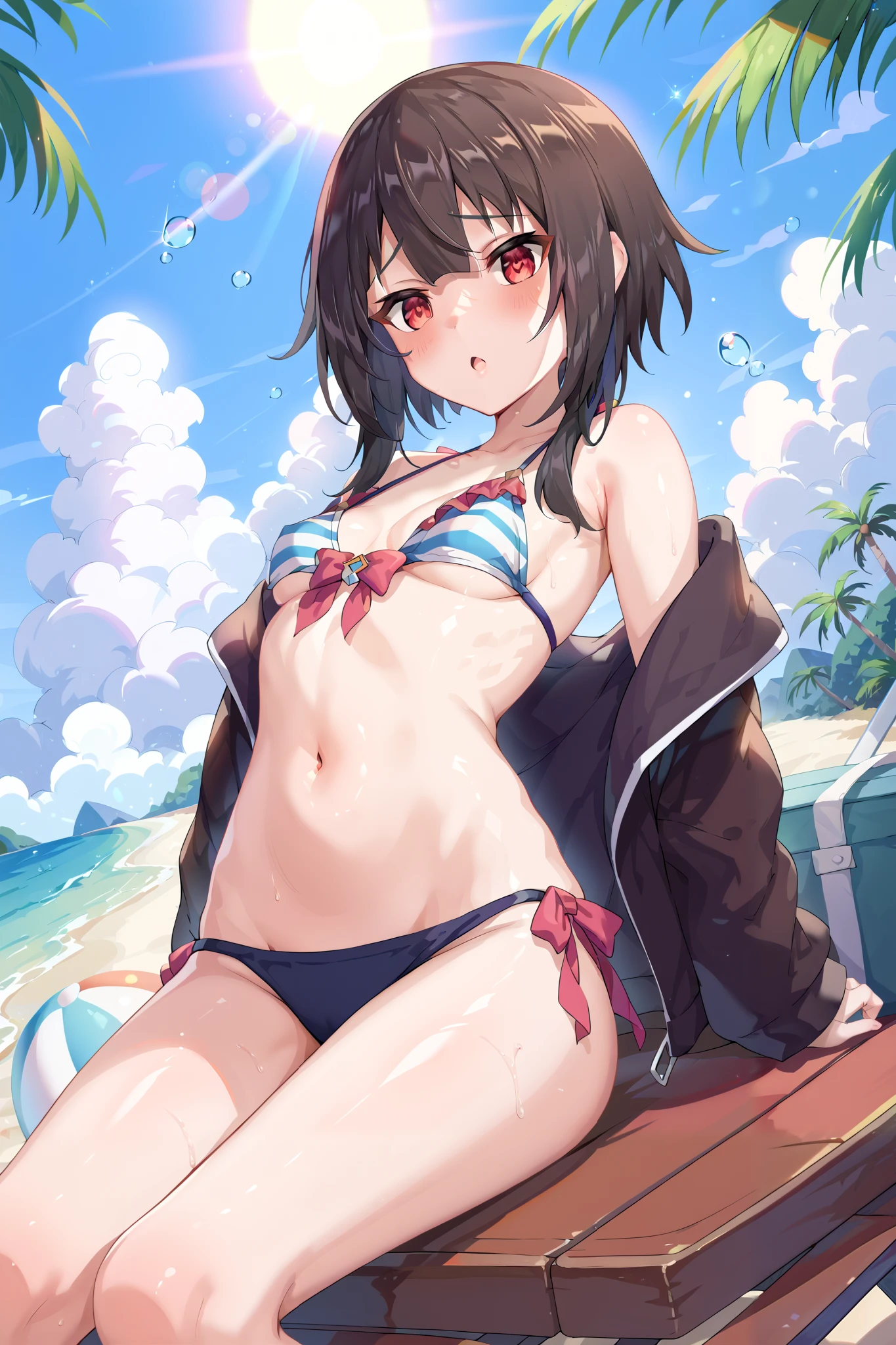 NSFW,masterpiece, best quality, high definition , Very detailed,Megumin\( bless this wonderful world\), short hair、 black hair、Red Eye、 side lock、 long rock,blush,Small breasts,Fine Bikinis ,beach, palm trees,Beach House