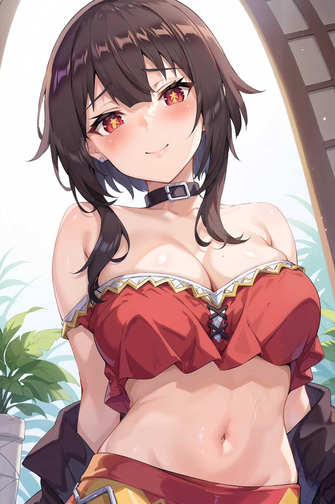 NSFW,masterpiece, best quality, high definition , Very detailed,Megumin\( bless this wonderful world\), short hair、 black hair、Red Eye、 side lock、 long rock,性 slave, slave,Feeling face,blush,Small breasts,Nightlife,Around town