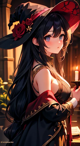 High Quality , high definition, dark haired young woman , has a curious gaze and a mystical atmosphere , She walks down the hallways of an ancient school of magic 、 She wears magical clothes . Her hair hangs on her shoulders , The magical symbol applied over her dress contrasts with the dark fabric. In her hands, She has an old book, The pages of that book are full of magical energy . around her , Candles flickering , Dancing on a stone wall . What is the story behind this young witch ? What kind of adventures does she have , and、 What kind of adventures does she have Are you about to embark ?, big breasts、 black hair long hair, big breasts、