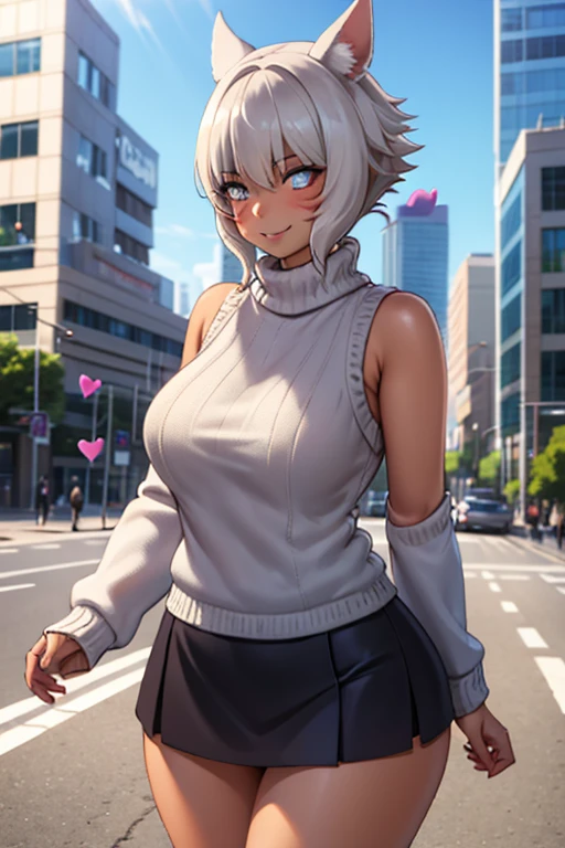 { best quality}, { Very Aesthetic }, {ultra-detailed}, { best illustration},   girl,  long hair,  sweater, White knit,  sleeveless,  clevis,   turtleneck , Look here, side bust ,   Mini Skirt, string panties ,race,silk,  knight ,Hotel District ,Metropolis, lively streets,【Contemporary,Shinjuku,While walking,date,like,smile,Walk sideways  ,( heart reflected in your eyes :1.3),( Tempted:1.3),  side angle  ,