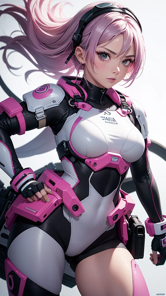 Beautiful cybernetic girl detailed muscles realistic masterpieces full figure pose (best quality,ultra-detailed), shoulder-length pink hair, fair skin, fit body, slim figure, narrow waist, large buttocks, (cocky expression), wearing a full black cybernetic mobile battle suit