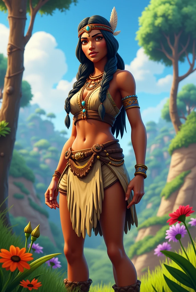 (NIJIFTB),
(masterpiece),(best quality),(ultra-detailed), intricate design, illustration,
1girl, ((full body)), (cute pretty beautiful girl), posing, smile, black hair, green eyes, barefoot, looking at viewer,
primitive jewelry, traditional amazon revealing clothing, seductive posture,
landscape, majestic mountain range, with towering peaks and deep valleys, the sky is a brilliant shade of blue, and wispy clouds cling to the mountaintops. In the foreground, a river runs through the valley, winding its way between boulders and over rapids. enjoying the fresh mountain air.
