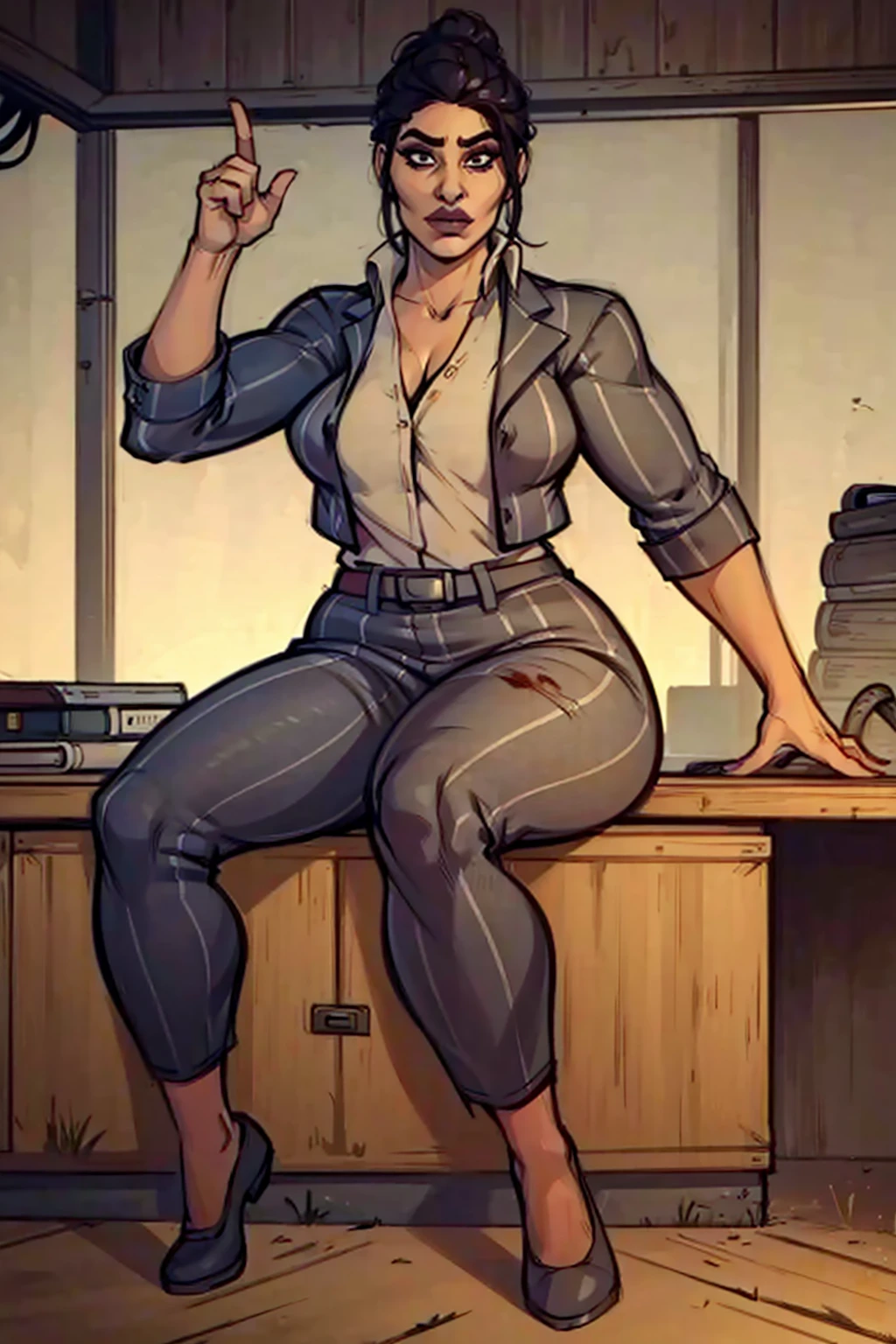 Digital art, angled view, sexy sitting pose, full curvy figure, mature woman, adult female, whole body, form-fitting, Jane Romero (Dead by Daylight game) inspired costume, pinstriped blazer, blouse, belt, pinstriped baggy pants that ends above the ankle, belt, flat office shoes, 1woman, solo, upper body, lower body, ((Extremely Detailed)), ((Best Quality)), ((Masterpiece)), ((4k)).
