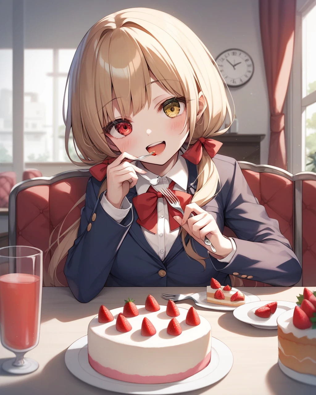 masterpiece, best qualityï¼
 tokisaki_kurumi, 1girl, solo, black_hair, food, red_eyes, incoming_food, hair_over_one_eye, fork, feeding, open_mouth, smile, school_uniform, cake, looking_at_viewer, twintails, ribbon, long_hair, holding_fork, pov_across_table, heterochromia, blazer, jacket, blush, shirt, blurry, indoors, holding, red_ribbon, neck_ribbon, black_jacket, cup, yellow_eyes, white_shirt, fruit, blurry_background, sitting, low_twintails, table, depth_of_field, clock_eyes, strawberry