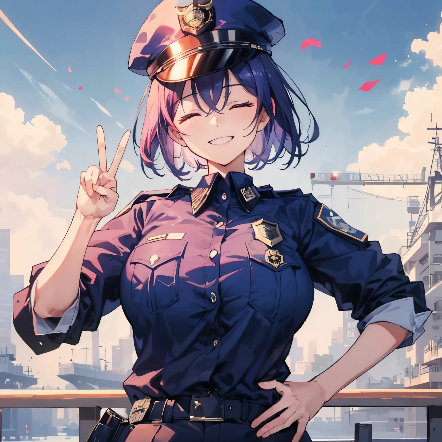 (Laughing face, big smile closed eyes), 1 girl, upper body, (facing viewer, looking viewer), (closed eyes), (purple hair, straight hair, very short hair, large breast), ((police cap, navy police shirt)), (outdoor), Sharp Focus, (Best Quality, masterpiece, detailed, facial focus), (solo shot), standing straight, police officer, (hand on hips), ((peace sign))