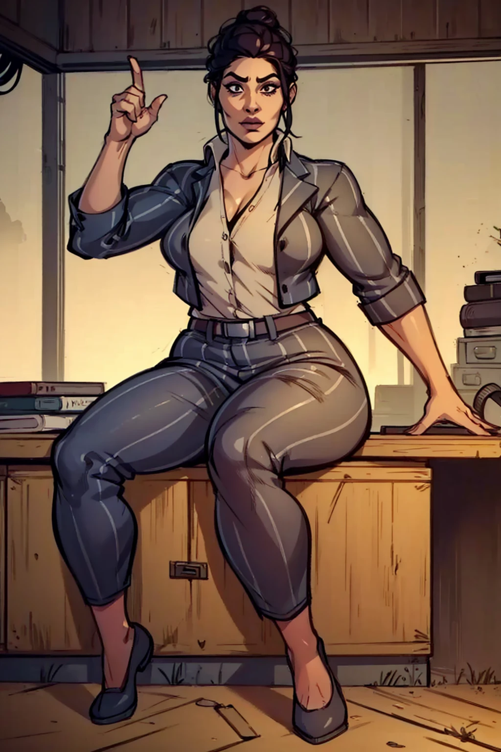 Digital art, angled view, sexy sitting pose, full curvy figure, mature woman, adult female, whole body, form-fitting, Jane Romero (Dead by Daylight game) inspired costume, pinstriped blazer, blouse, belt, pinstriped baggy pants that ends above the ankle, belt, flat office shoes, 1woman, solo, upper body, lower body, ((Extremely Detailed)), ((Best Quality)), ((Masterpiece)), ((4k)).
