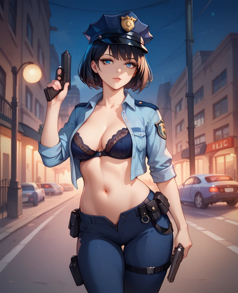 Sexy anime police woman, black short hair, blue eyes, black lase bra, unbuttoned shirt, open police jacket, blue police pants, medium breasts, medium thighs, belly open, belly button high on belly, perfect shapely body, seductive pose, holding a pistol, night, at a crime scene, police officers working in the background