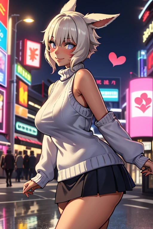 { best quality}, { Very Aesthetic }, {ultra-detailed}, { best illustration},   girl, ,  sweater, White knit,  sleeveless, valley,   turtleneck , Look here, side bust ,   Mini Skirt, string panties ,race,silk,  knight ,Hotel District ,Metropolis, lively streets,【Contemporary,Shinjuku,While walking,date,like,smile,Walk sideways  ,( heart reflected in your eyes :1.3),( Tempted:1.3),  side angle  ,