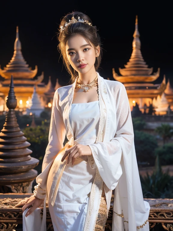 a solo beautiful princess, elegant, detailed, pretty, (rubenesque), (Bagan Pagoda background), (night sky), Full Moon, Myanmar traditional elegant detailed dress, Hair in a bun, (art by dgtlv2 and henry asencio and zeen chin and josephine wall and edwin deakin), (masterpiece), (good anatomy),