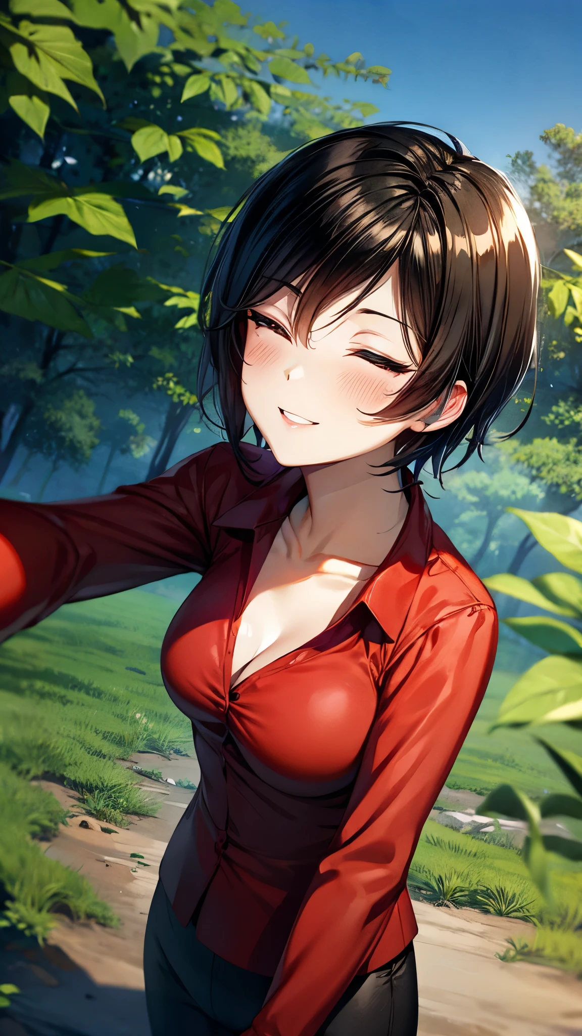 （ super quality, ultra high resolution with forest background,16k,super masterpiece,Ultra HD ,Detailed shading and background,）sexy,Photographing the upper body,Short, straight, black hair ,（A red shirt suit that has been unbuttoned, spread wide, and stood straight,Folded sleeves, black long gloves,Tight black pants, black long boots ,） cross necklace, provocative smile ,Thick lips,Neon city at night,