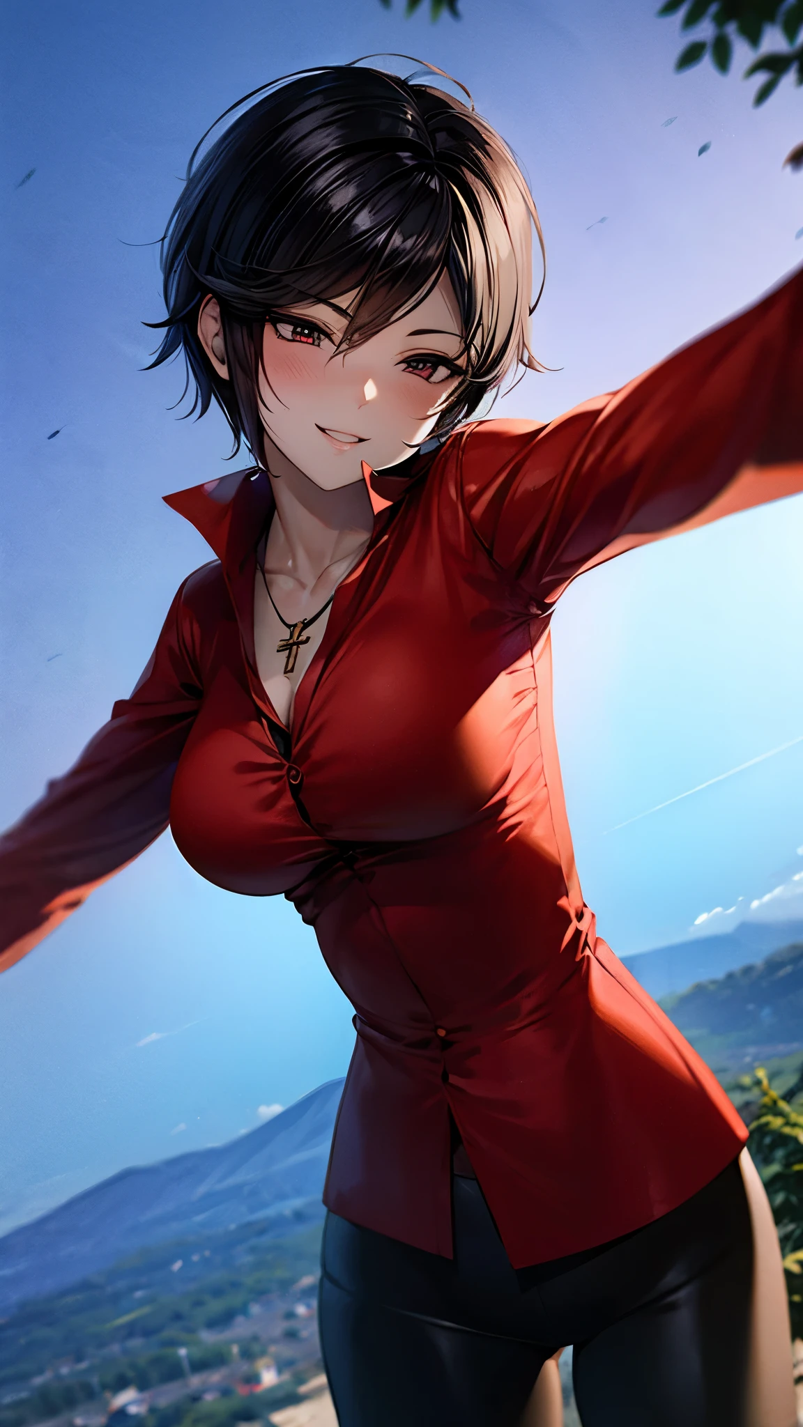 （ super quality, ultra high resolution with forest background,16k,super masterpiece,Ultra HD ,Detailed shading and background,）sexy,Photographing the upper body,Short, straight, black hair ,（A red shirt suit that has been unbuttoned, spread wide, and stood straight,Folded sleeves, black long gloves,Tight black pants, black long boots ,） cross necklace, provocative smile ,Thick lips,Neon city at night,