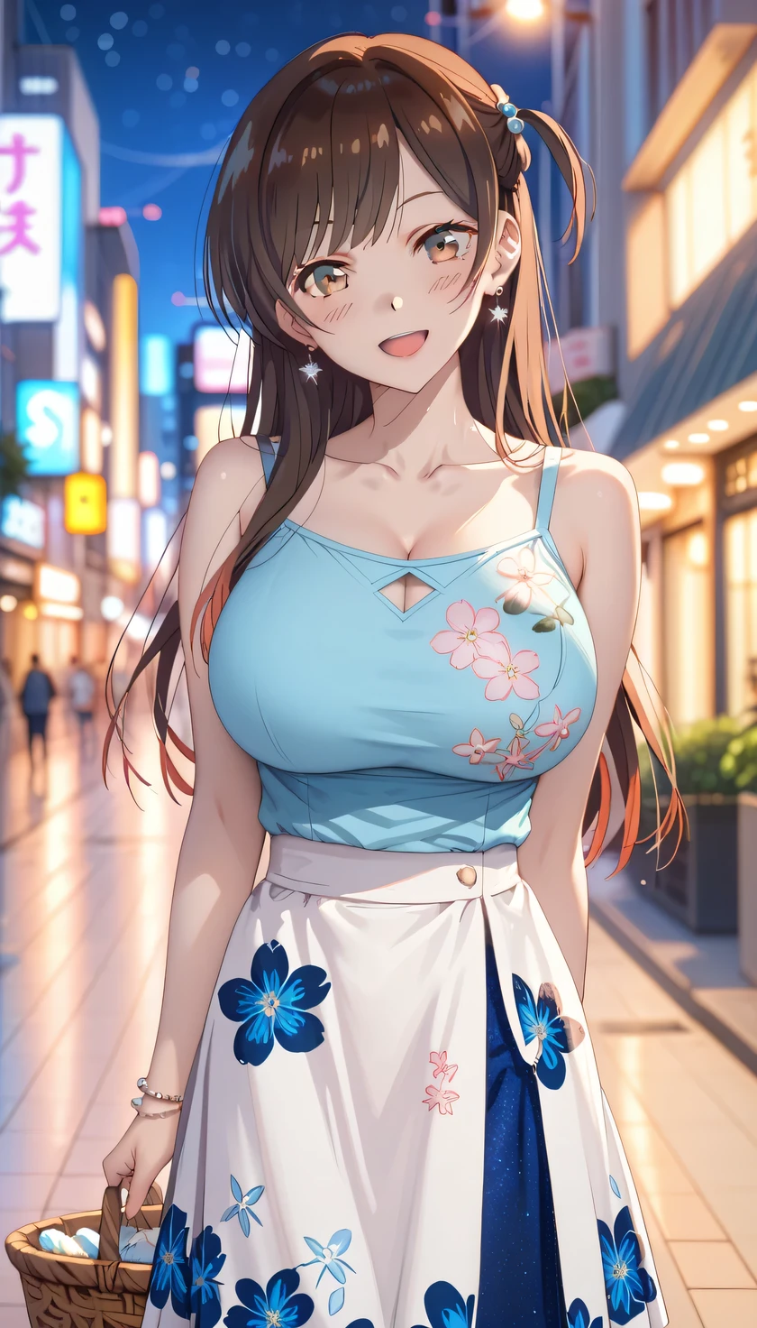 Tall girl, fit girl, chizuru ichinose, side tie up, masterpiece, best quality, highres, chi1, 1girl, long hair, solo, bracelet, bangs, huge breasts, 1girl, solo, jewelry, long_hair, skirt, brown_hair, open_mouth, smile, basket, looking_at_viewer, earrings, bracelet, blue_skirt,city, night, blurry backgrounds, blurry backgrounds, shirt, collarbone, :d, brown_eyes, arm_behind_back, bangs, one_side_up, bare_shoulders, floral_print, blue_shirt, blush, head_tilt, standing, shoulder_cutout, ribbon, hand_up